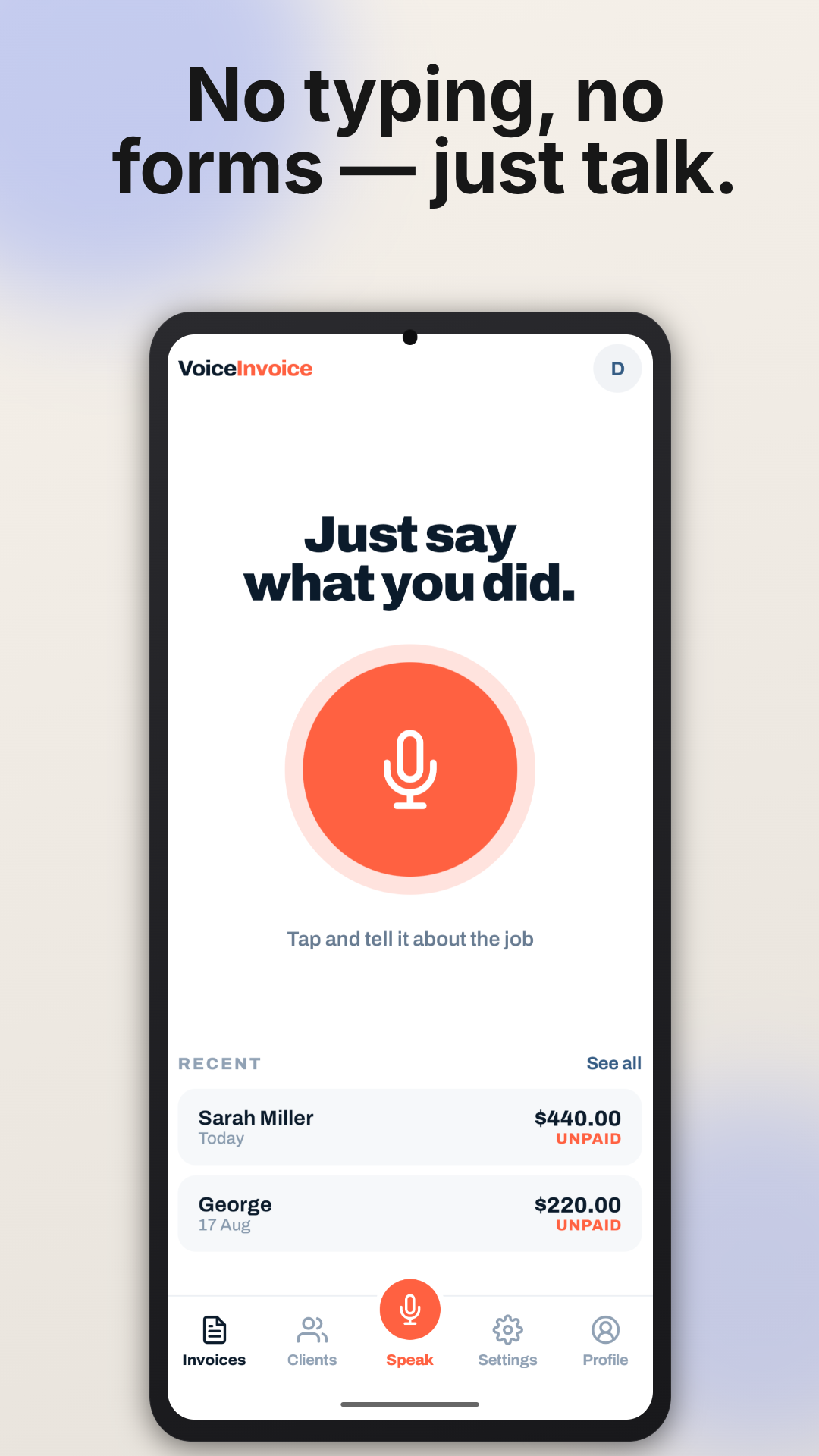 VoiceInvoice recording screen